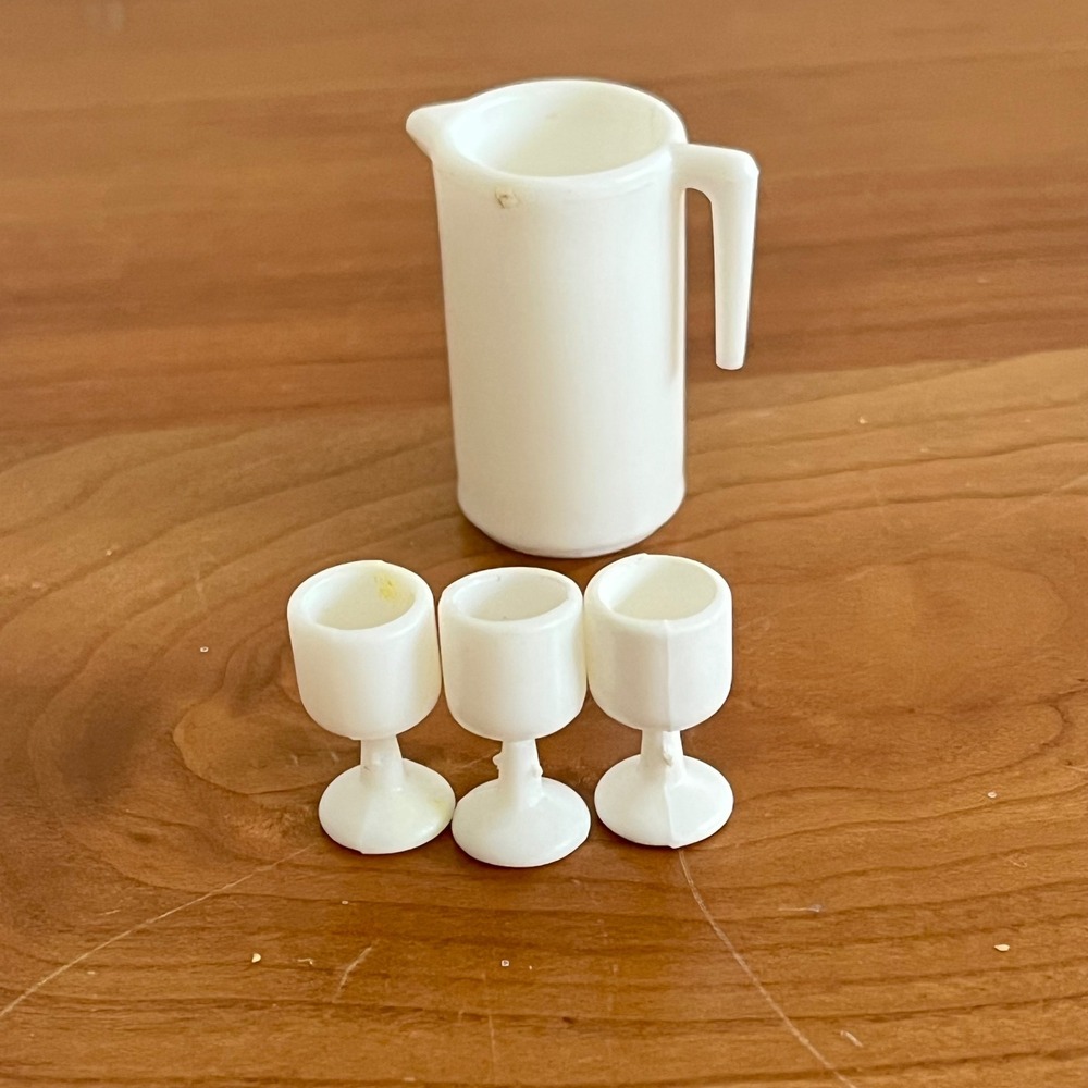 Vintage Barbie 80s White Pitcher and 3 Goblets Miniature Kitchen Accessories Set